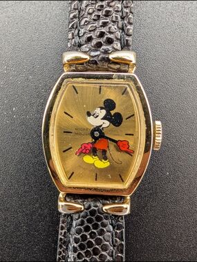 Mickey Mouse Gold Toned Watch From Bradley, Mechanical Movement - RUNNING